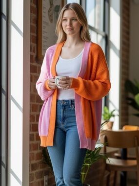 Colorblock Open-Front Knit Cardigan - Pink & Orange with Pockets XL